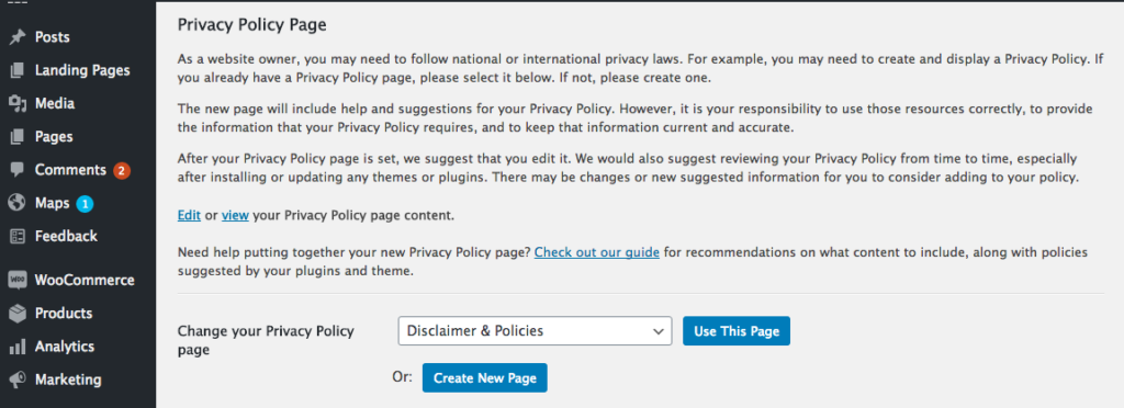 privacy policy page admin dashboard setup